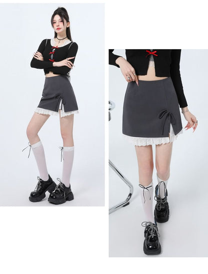 Tone Rise Two Pencil Bow High Slit Mini Skirt
