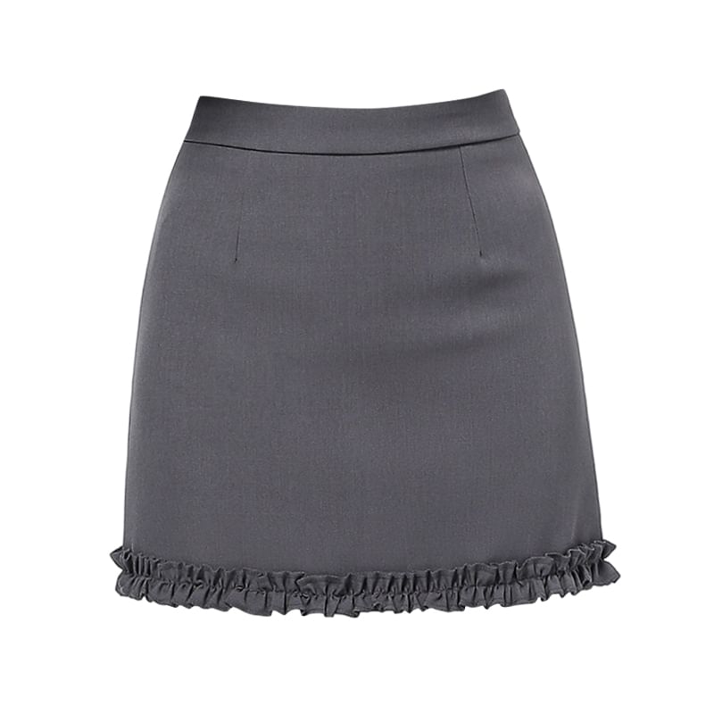Pencil Mini Skirt Plain Ruffle Trim High Waist