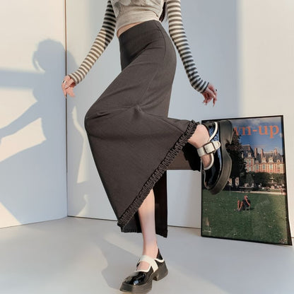 Trim Slit Ruffle Waist A-Line Skirt Plain Midi High