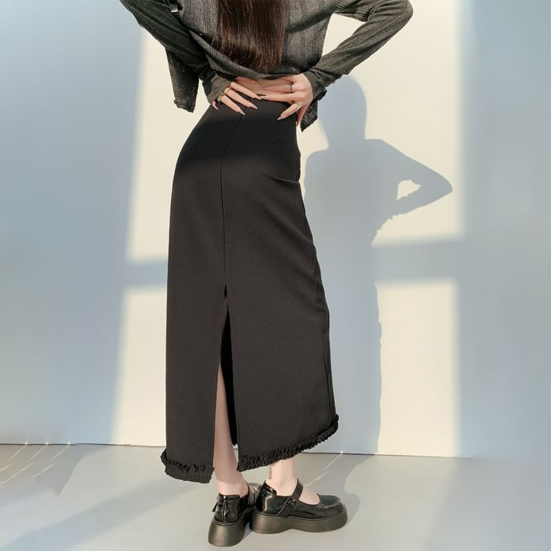 Trim Slit Ruffle Waist A-Line Skirt Plain Midi High
