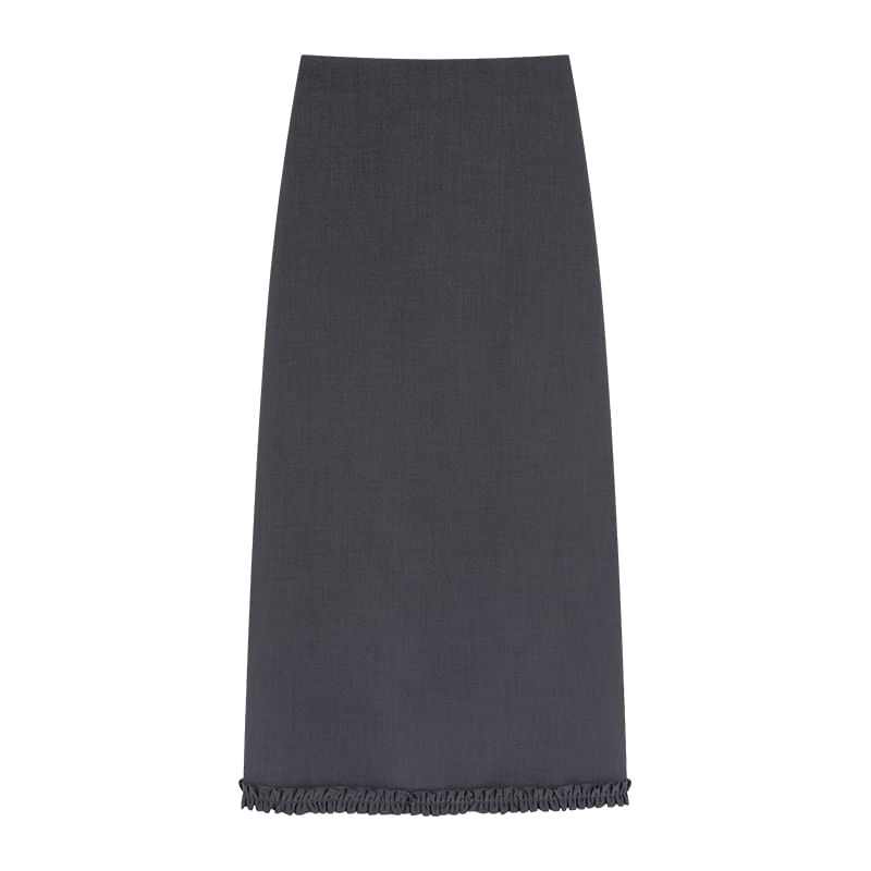 Trim Slit Ruffle Waist A-Line Skirt Plain Midi High