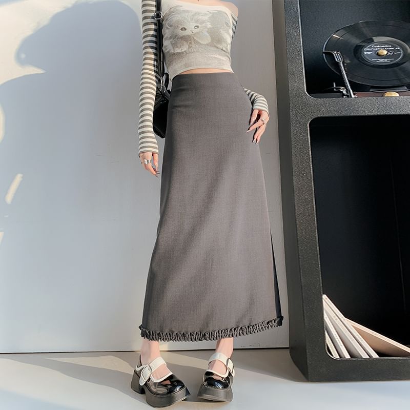 Trim Slit Ruffle Waist A-Line Skirt Plain Midi High