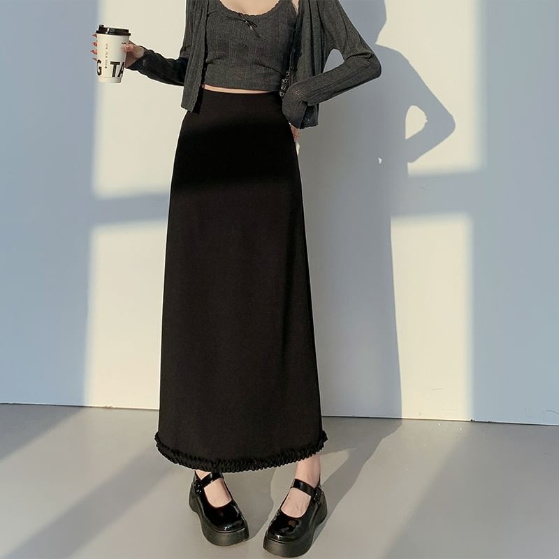 Trim Slit Ruffle Waist A-Line Skirt Plain Midi High