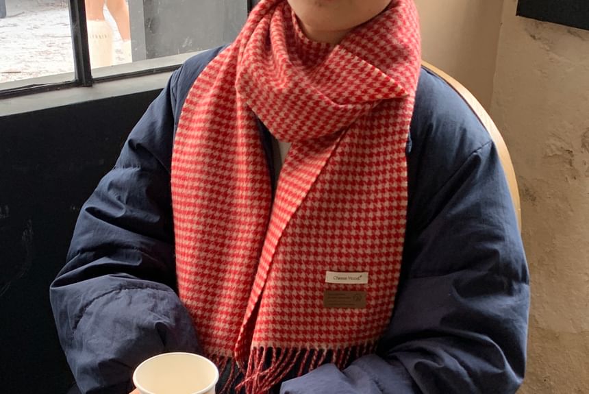 Applique Fringed Scarf Plaid Trim