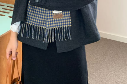 Applique Fringed Scarf Plaid Trim