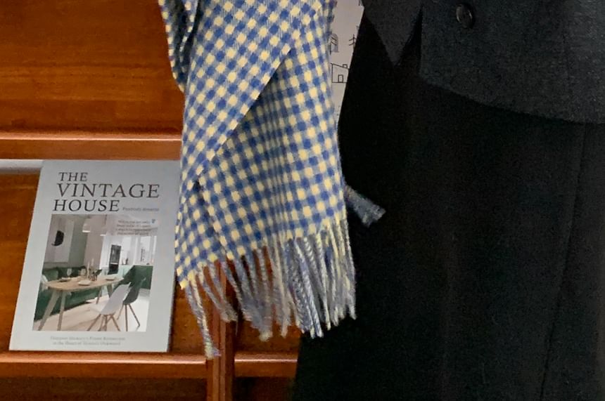 Applique Fringed Scarf Plaid Trim