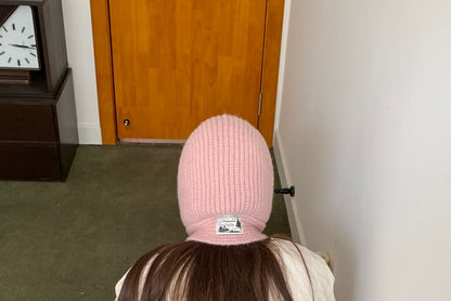 Lace-Up Plain Applique Balaclava Knit Ribbed