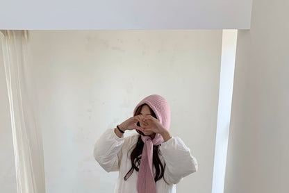 Lace-Up Plain Applique Balaclava Knit Ribbed