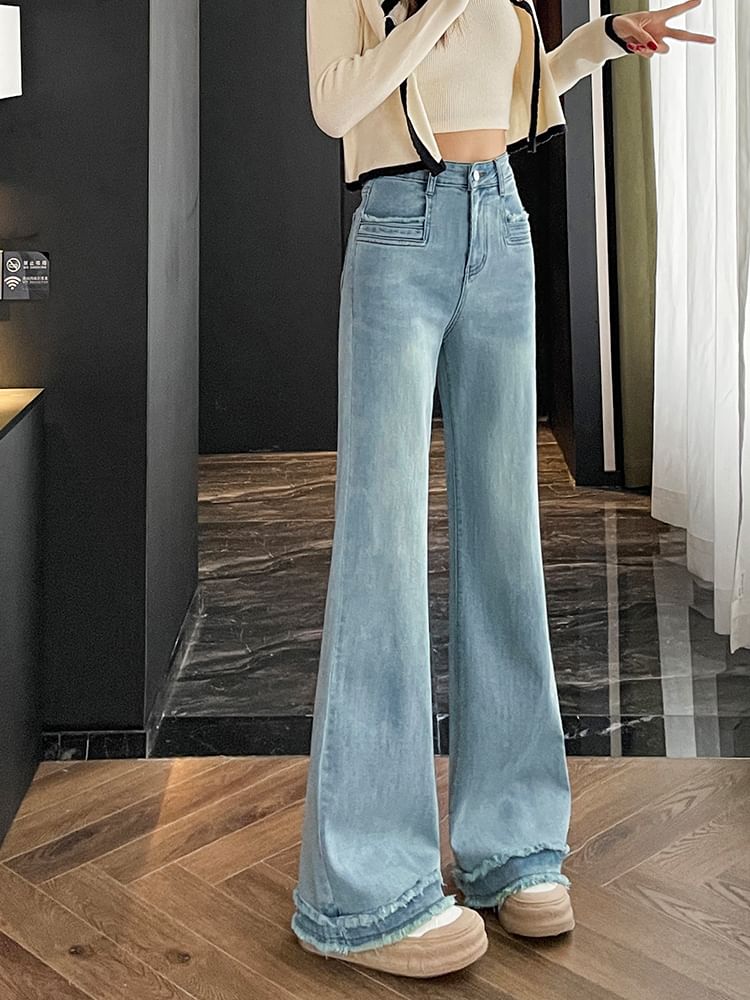 Washed Designs) Bootcut Fringed (Various Waist High Jeans