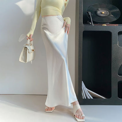 Skirt Satin High Plain A-Line Waist Midi