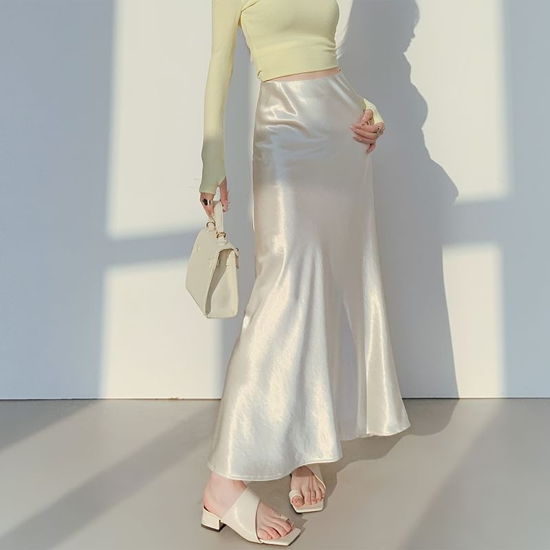 Skirt Satin High Plain A-Line Waist Midi
