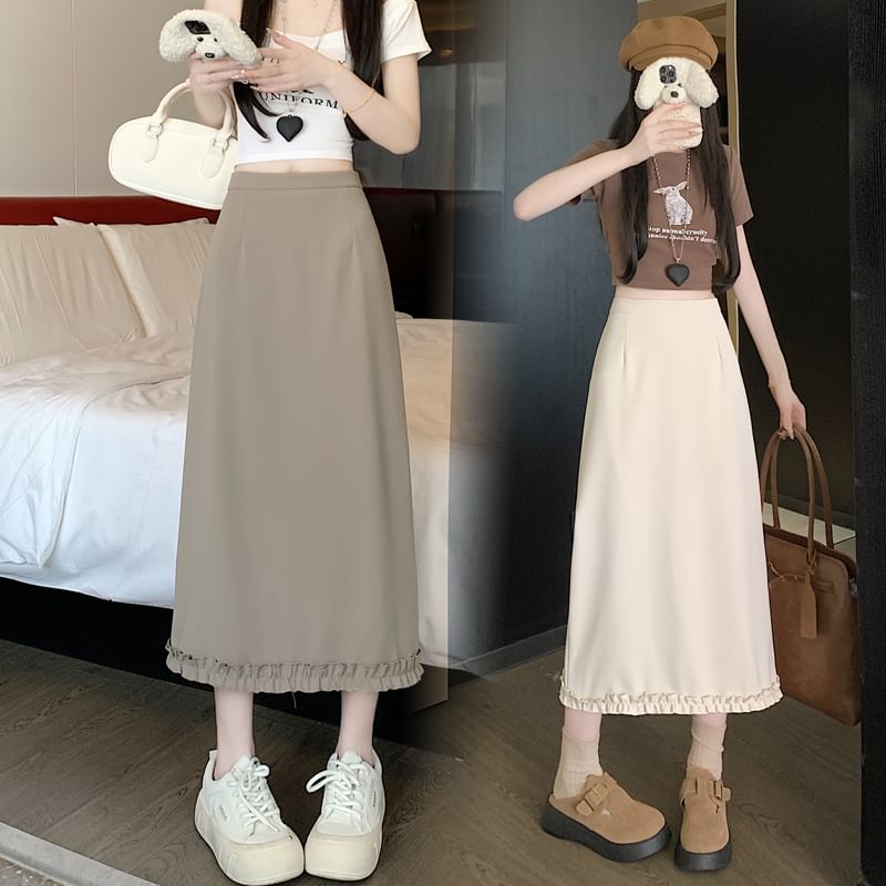 Skirt Plain Trim Ruffle Rise Slit High Midi A-Line