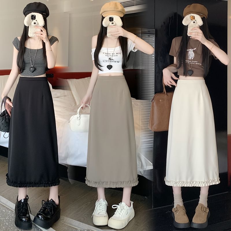 Skirt Plain Trim Ruffle Rise Slit High Midi A-Line