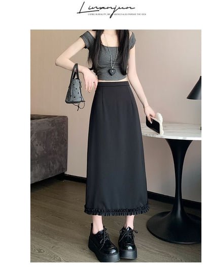 Skirt Plain Trim Ruffle Rise Slit High Midi A-Line