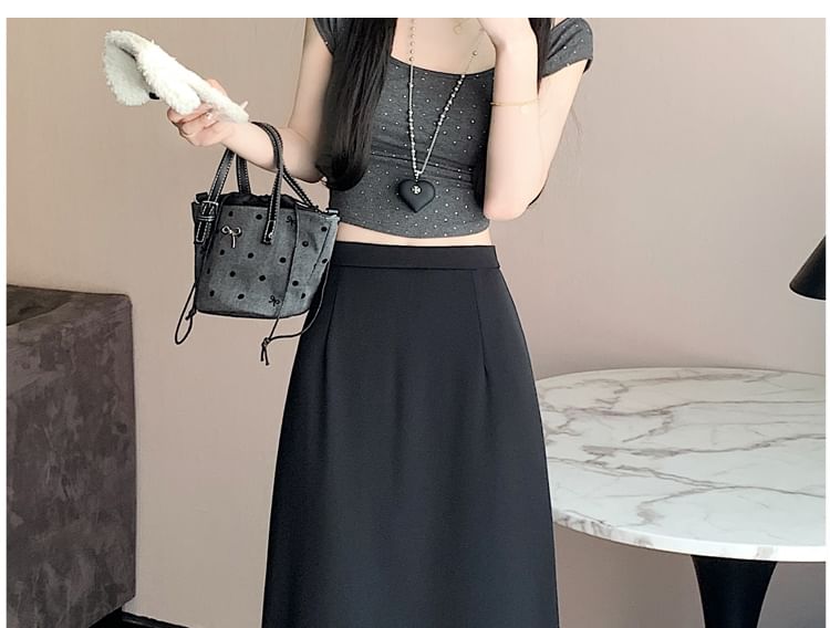 Skirt Plain Trim Ruffle Rise Slit High Midi A-Line