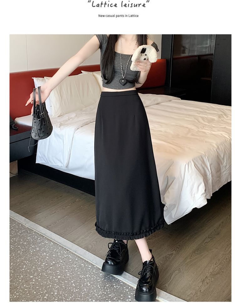 Skirt Plain Trim Ruffle Rise Slit High Midi A-Line
