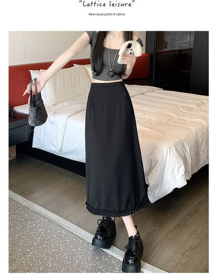 Skirt Plain Trim Ruffle Rise Slit High Midi A-Line