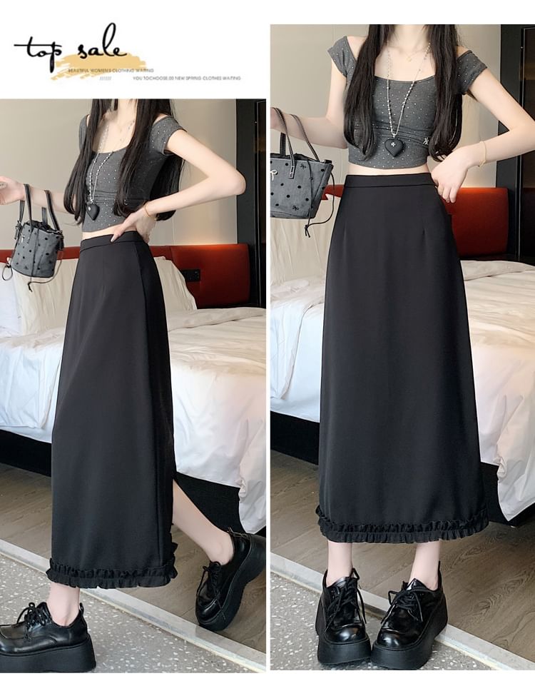 Skirt Plain Trim Ruffle Rise Slit High Midi A-Line