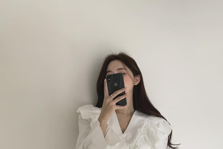 A-Line Mini Plain Collared Long-Sleeve Dress V-Neck