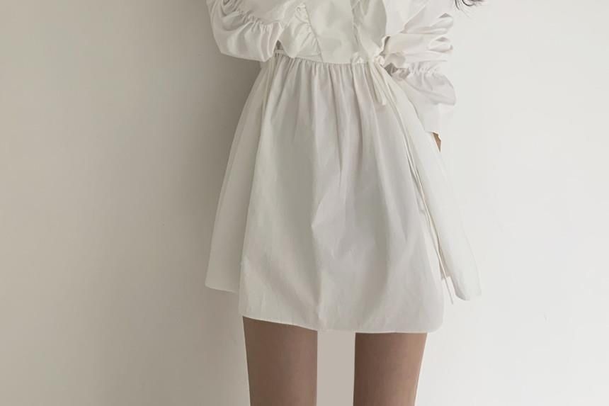 A-Line Mini Plain Collared Long-Sleeve Dress V-Neck