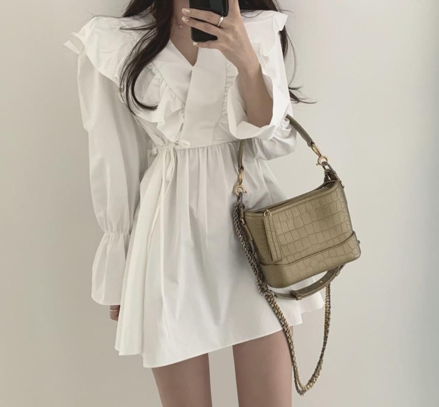 A-Line Mini Plain Collared Long-Sleeve Dress V-Neck