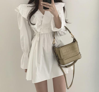 A-Line Mini Plain Collared Long-Sleeve Dress V-Neck