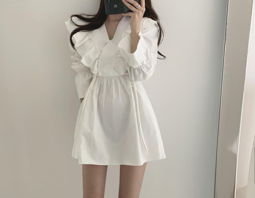 A-Line Mini Plain Collared Long-Sleeve Dress V-Neck