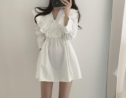 A-Line Mini Plain Collared Long-Sleeve Dress V-Neck