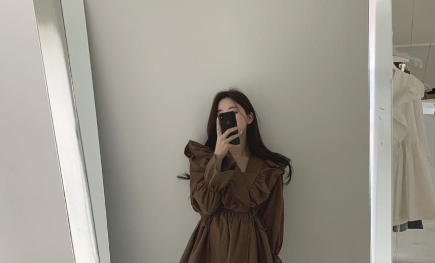 A-Line Mini Plain Collared Long-Sleeve Dress V-Neck
