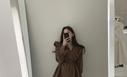 A-Line Mini Plain Collared Long-Sleeve Dress V-Neck