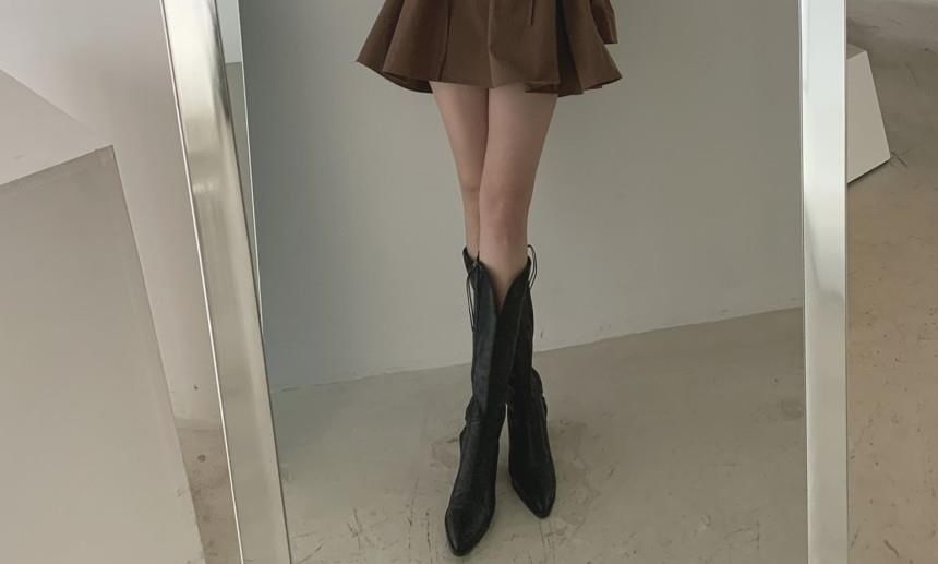 A-Line Mini Plain Collared Long-Sleeve Dress V-Neck