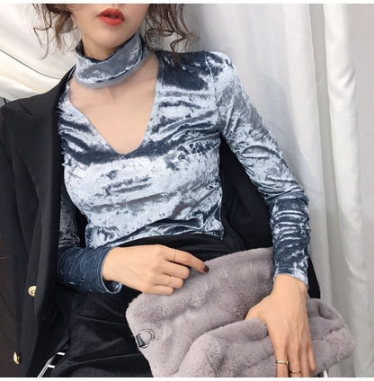 Neck Velvet Mesh Mock Top Long-Sleeve Panel