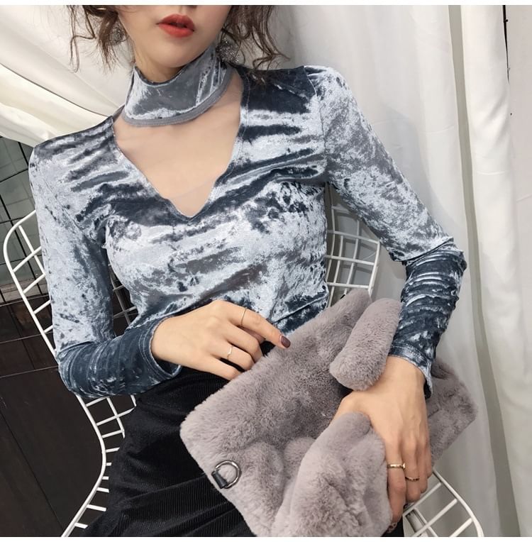 Neck Velvet Mesh Mock Top Long-Sleeve Panel