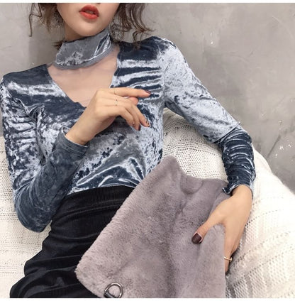 Neck Velvet Mesh Mock Top Long-Sleeve Panel