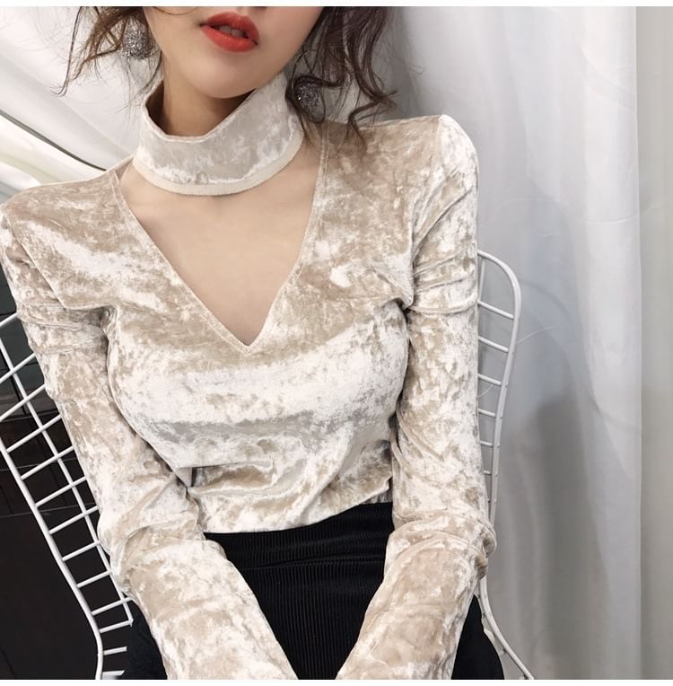 Neck Velvet Mesh Mock Top Long-Sleeve Panel