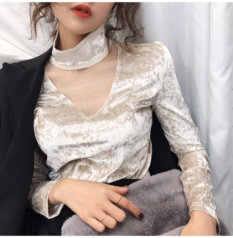 Neck Velvet Mesh Mock Top Long-Sleeve Panel