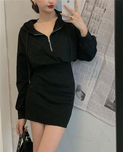 Zip Hoodie Dress Plain Mini Half