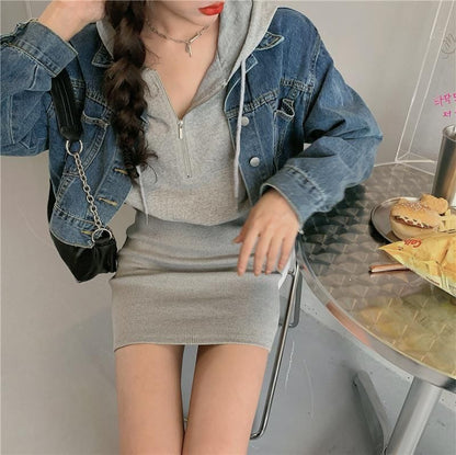 Zip Hoodie Dress Plain Mini Half