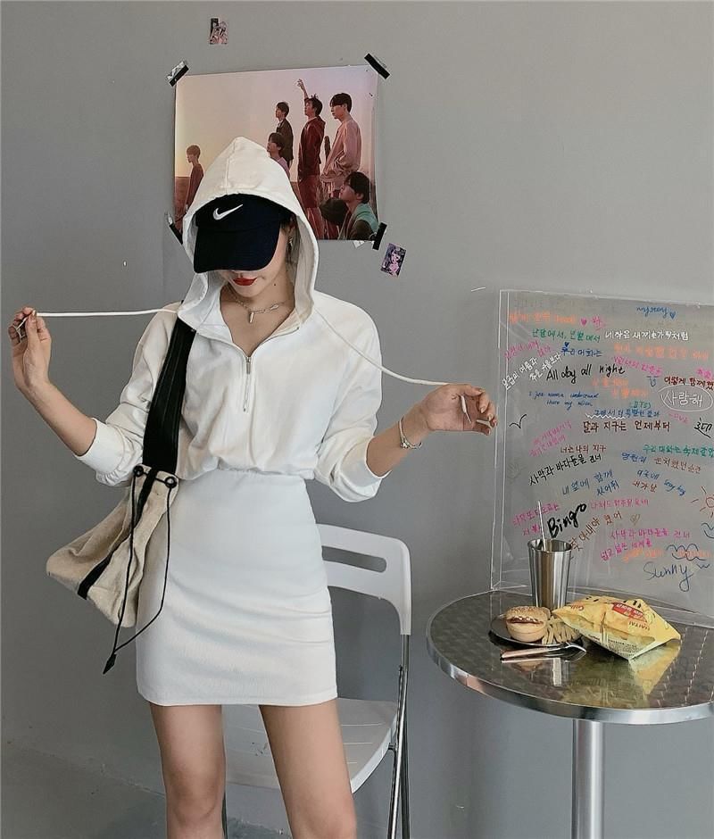 Zip Hoodie Dress Plain Mini Half