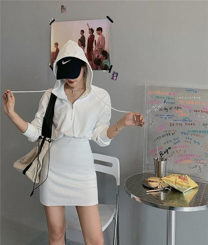 Zip Hoodie Dress Plain Mini Half