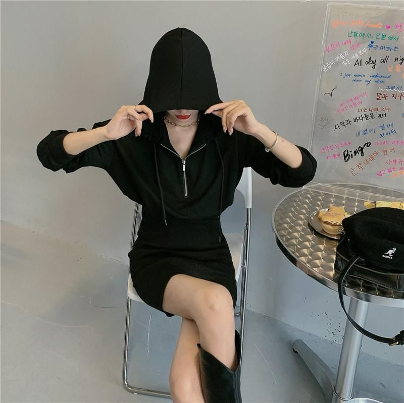 Zip Hoodie Dress Plain Mini Half