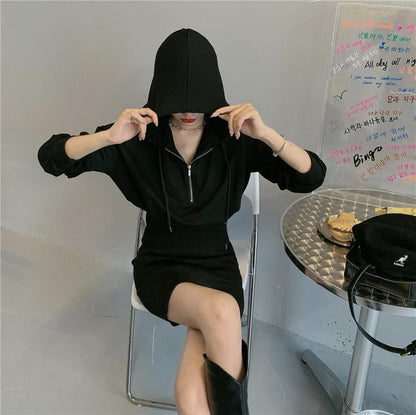 Zip Hoodie Dress Plain Mini Half