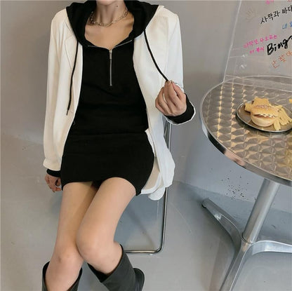 Zip Hoodie Dress Plain Mini Half