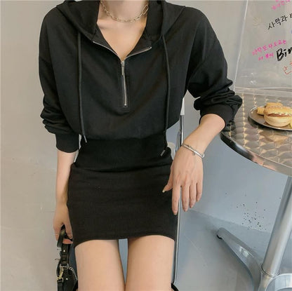 Zip Hoodie Dress Plain Mini Half
