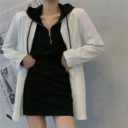 Zip Hoodie Dress Plain Mini Half
