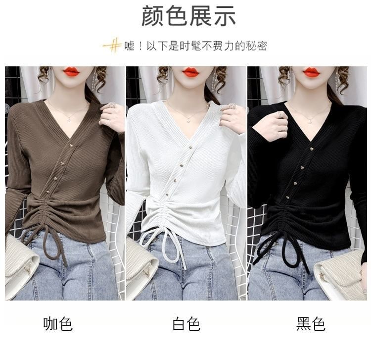 Crop V-Neck Long-Sleeve Asymmetrical Plain Top