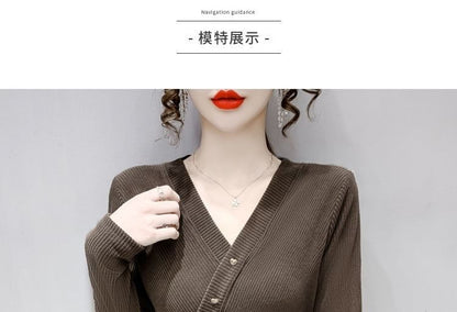 Crop V-Neck Long-Sleeve Asymmetrical Plain Top