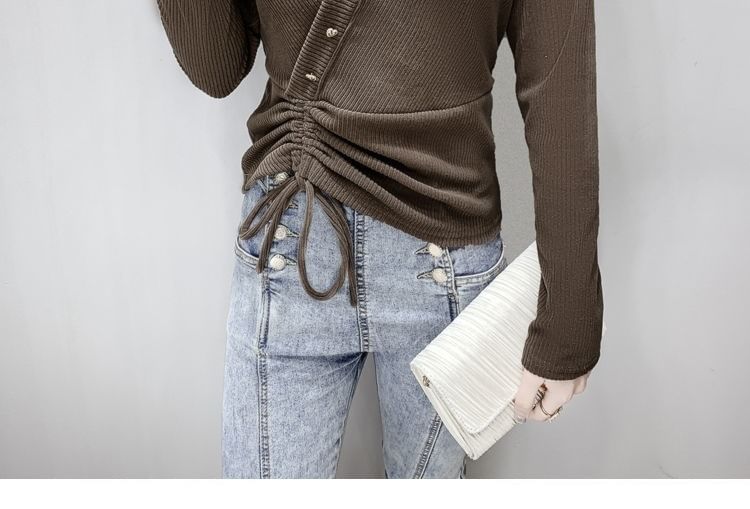 Crop V-Neck Long-Sleeve Asymmetrical Plain Top