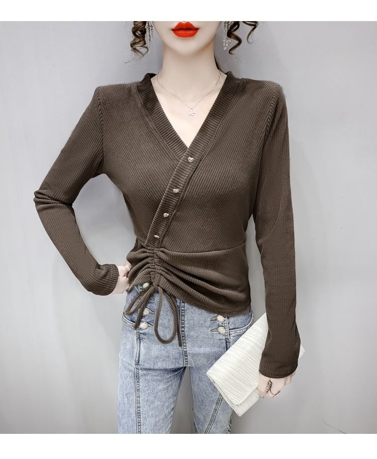 Crop V-Neck Long-Sleeve Asymmetrical Plain Top