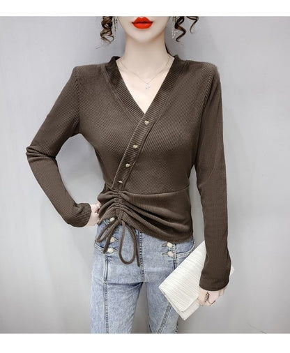 Crop V-Neck Long-Sleeve Asymmetrical Plain Top